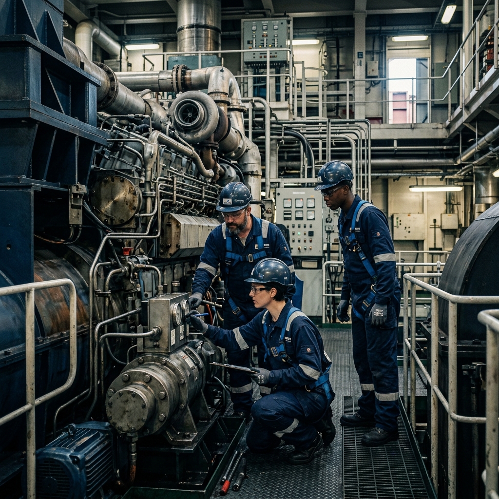 Marine engineers inspecting ship equipment - JMB Marine Services